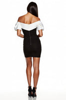 Load image into Gallery viewer, Black and White Patchwork Off the Shoulder Short Tight Cocktail Dress with Sleeves