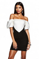 Load image into Gallery viewer, Black and White Patchwork Off the Shoulder Short Tight Cocktail Dress with Sleeves