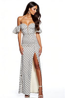 Load image into Gallery viewer, Black and White Maxi Sheath Polka Dot Dress with Slit