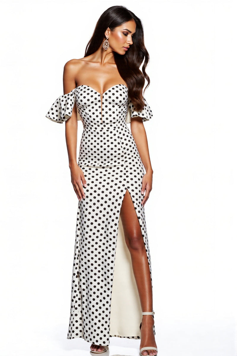 Load image into Gallery viewer, Black and White Maxi Sheath Polka Dot Dress with Slit