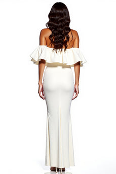 White Off the Shoulder Sheath Satin Maxi Formal Dress with Slit
