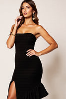 Load image into Gallery viewer, Black Satin Strapless Asymmetrical Cocktail Dress with Slit