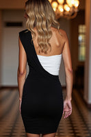 Load image into Gallery viewer, Black and White Patchwork One Shoulder Short Satin Tight Cocktail Dress