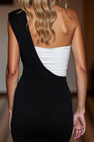 Load image into Gallery viewer, Black and White Patchwork One Shoulder Short Satin Tight Cocktail Dress