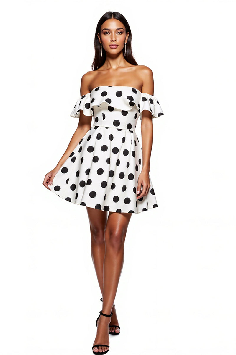 Load image into Gallery viewer, White and Black Off the Shoulder Short A Line Polka Dot Dress