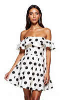 Load image into Gallery viewer, White and Black Off the Shoulder Short A Line Polka Dot Dress