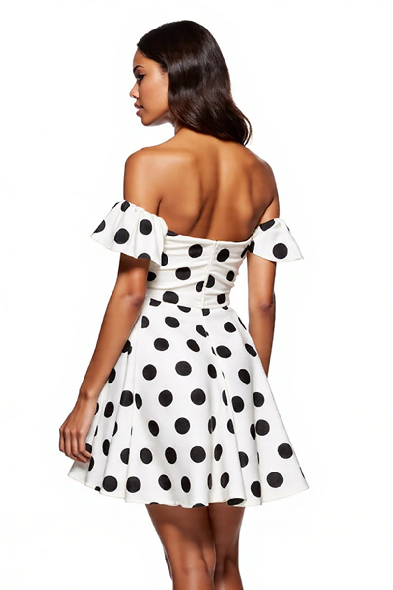 Load image into Gallery viewer, White and Black Off the Shoulder Short A Line Polka Dot Dress