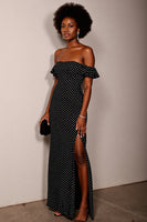 Load image into Gallery viewer, Black and White Sheath Off the Shoulder Maxi Polka Dot Dress with Slit