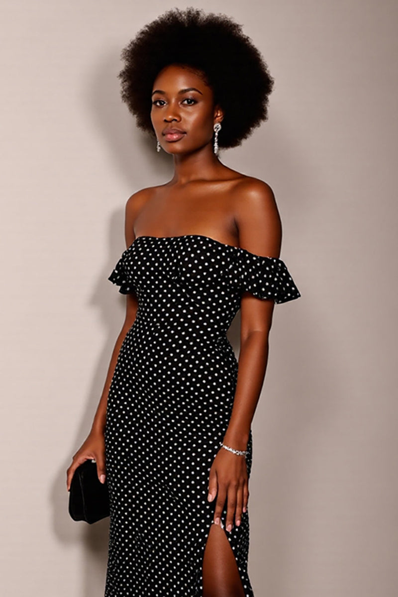 Load image into Gallery viewer, Black and White Sheath Off the Shoulder Maxi Polka Dot Dress with Slit