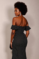 Load image into Gallery viewer, Black and White Sheath Off the Shoulder Maxi Polka Dot Dress with Slit