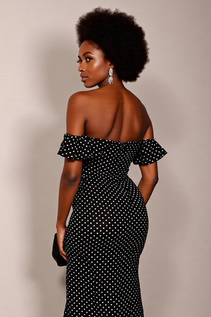 Load image into Gallery viewer, Black and White Sheath Off the Shoulder Maxi Polka Dot Dress with Slit