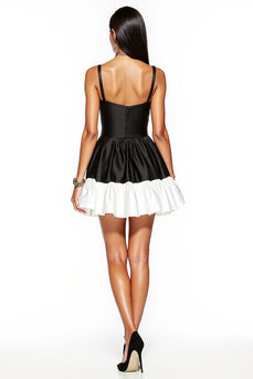 Black and White Patchwork Spaghetti Straps A Line Short Satin Cocktail Dress