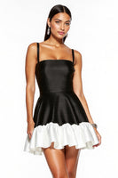 Load image into Gallery viewer, Black and White Patchwork Spaghetti Straps A Line Short Satin Cocktail Dress