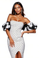 Load image into Gallery viewer, White and Black Floral Strapless Tight Midi Polka Dot Dress with Slit