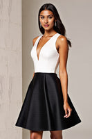 Load image into Gallery viewer, Simple Black and White Patchwork Deep V-Neck Short Satin Cocktail Dress