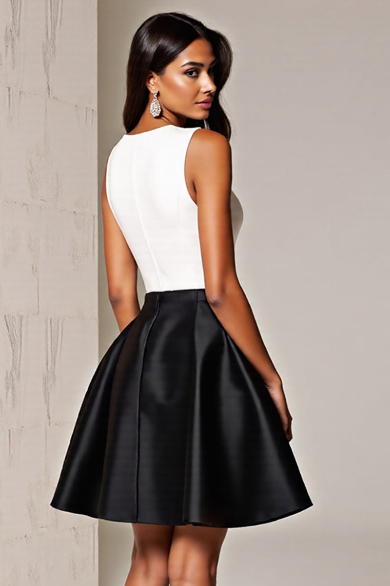 Load image into Gallery viewer, Simple Black and White Patchwork Deep V-Neck Short Satin Cocktail Dress