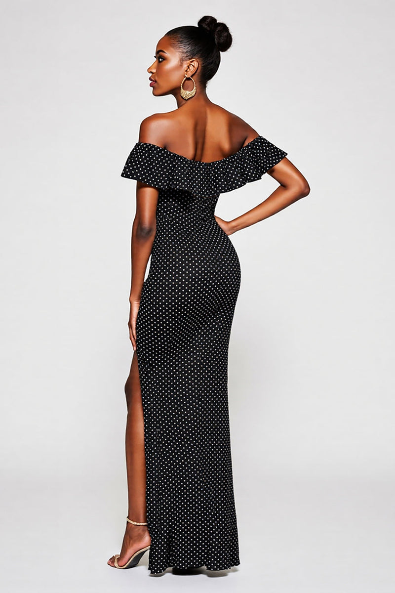 Load image into Gallery viewer, Black and White Off the Shoulder Maxi Mermaid Polka Dot Dress with Slit