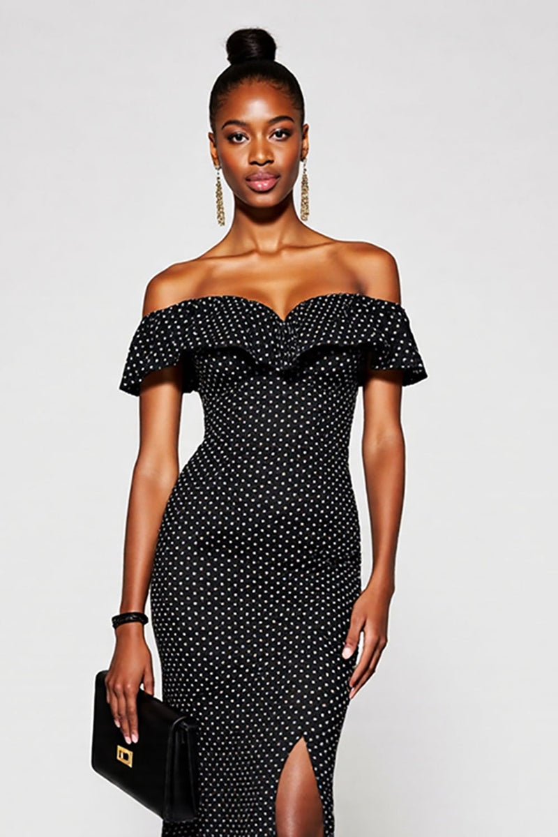 Load image into Gallery viewer, Black and White Off the Shoulder Maxi Mermaid Polka Dot Dress with Slit