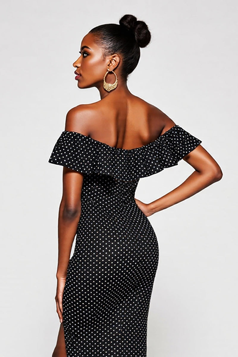 Load image into Gallery viewer, Black and White Off the Shoulder Maxi Mermaid Polka Dot Dress with Slit