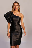Load image into Gallery viewer, Black One Shoulder Short Satin Tight Cocktail Dress with Ruffles