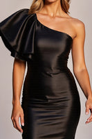 Load image into Gallery viewer, Black One Shoulder Short Satin Tight Cocktail Dress with Ruffles