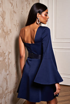 Navy Satin One Shoulder Tight Short Cocktail Dress with Sleeves