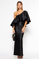 Load image into Gallery viewer, Black Sheath One Shoulder Satin Long Black Tie Dress with Ruffles