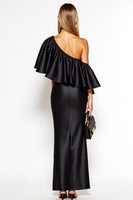 Load image into Gallery viewer, Black Sheath One Shoulder Satin Long Black Tie Dress with Ruffles