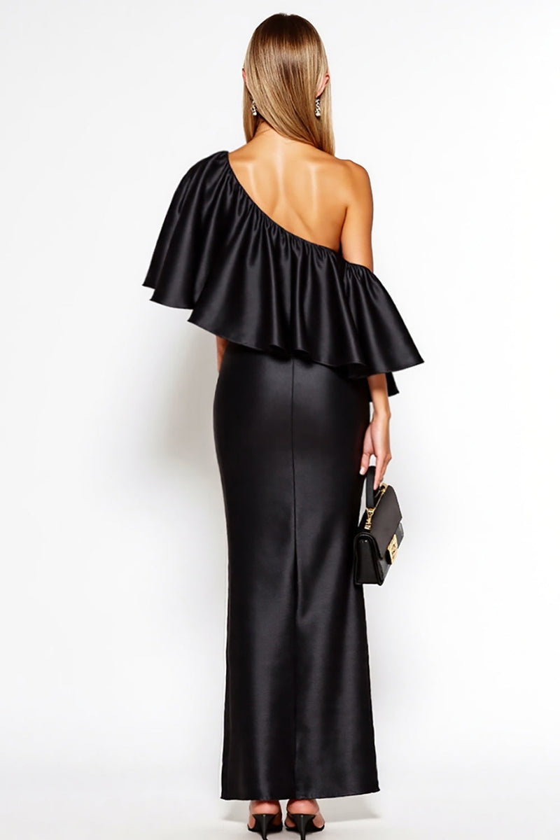 Load image into Gallery viewer, Black Sheath One Shoulder Satin Long Black Tie Dress with Ruffles