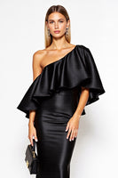 Load image into Gallery viewer, Black Sheath One Shoulder Satin Long Black Tie Dress with Ruffles