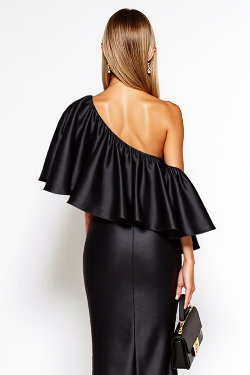 Load image into Gallery viewer, Black Sheath One Shoulder Satin Long Black Tie Dress with Ruffles