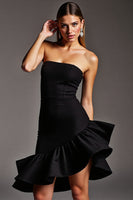 Load image into Gallery viewer, Black Strapless Satin Tight Short Cocktail Dress with Ruffles