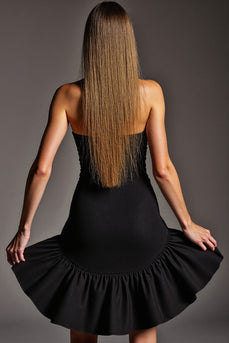 Black Strapless Satin Tight Short Cocktail Dress with Ruffles