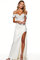 Load image into Gallery viewer, White Sheath Polka Dots Maxi Satin Formal Dress with Slit