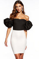 Load image into Gallery viewer, Black and White Patchwork Strapless Puff Sleeves Short Tight Cocktail Dress