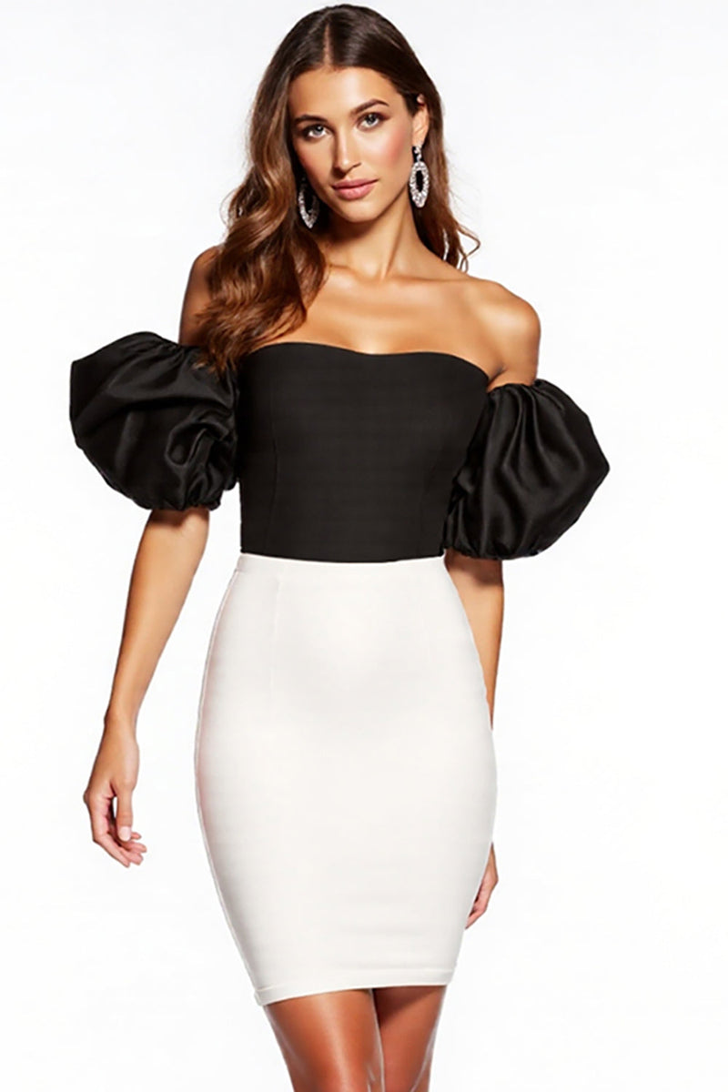 Load image into Gallery viewer, Black and White Patchwork Strapless Puff Sleeves Short Tight Cocktail Dress