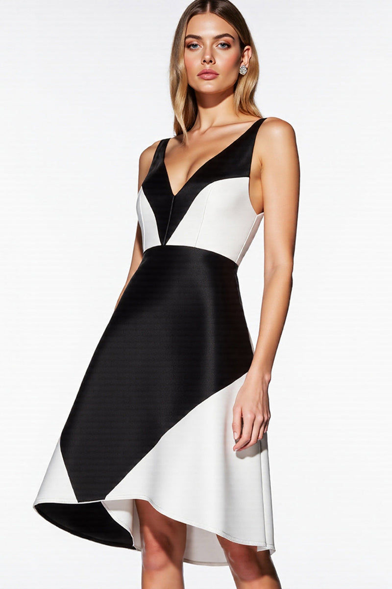 Queendancer Women Black and White Patchwork Short Cocktail Dress V-Neck A  Line Semi Formal Dress  queendanceruk