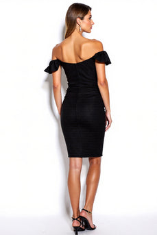 Black Off the Shoulder Short Tight Cocktail Dress with Ruffles