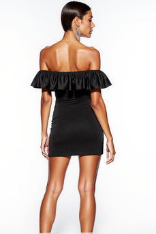 Black Off the Shoulder Short Satin Cocktail Dress with Ruffles
