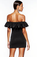 Load image into Gallery viewer, Black Off the Shoulder Short Satin Cocktail Dress with Ruffles