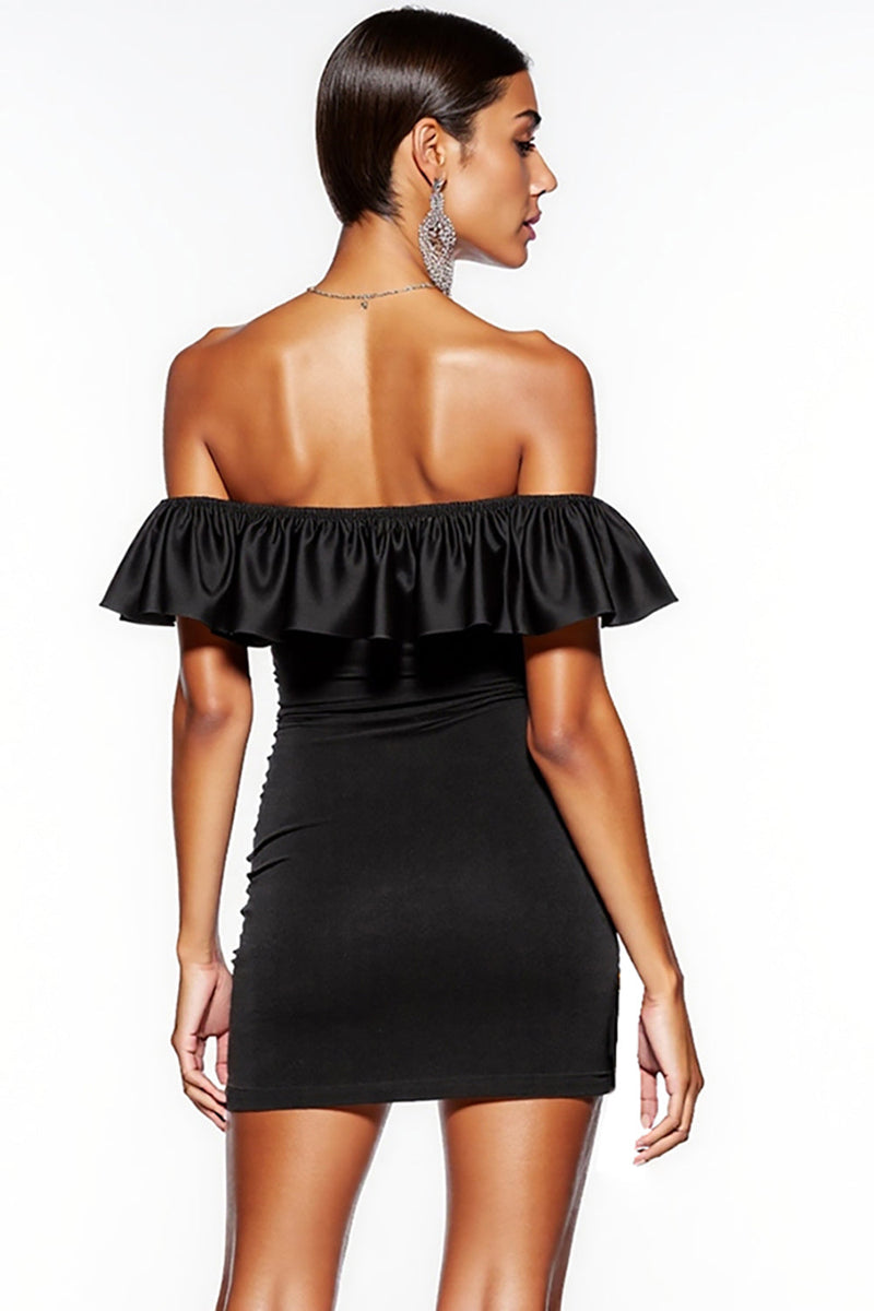 Load image into Gallery viewer, Black Off the Shoulder Short Satin Cocktail Dress with Ruffles