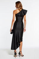 Load image into Gallery viewer, Black Satin One Shoulder Tight Midi Cocktail Dress with Ruffles
