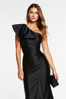 Load image into Gallery viewer, Black Satin One Shoulder Tight Midi Cocktail Dress with Ruffles
