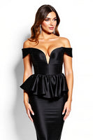 Load image into Gallery viewer, Black Corset Off the Shoulder Midi Satin Cocktail Dress with Ruffles