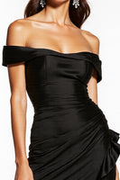 Load image into Gallery viewer, Satin Black Off the Shoulder Ruched Short Cocktail Dress with Ruffles