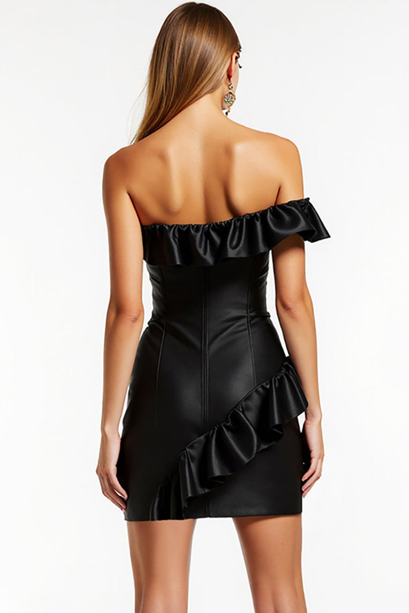 Load image into Gallery viewer, Black Short Satin One Shoulder Bodycon Cocktail Dress with Ruffles