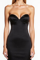 Load image into Gallery viewer, Black Sweetheart Tight Midi Satin Cocktail Dress with Ruffles
