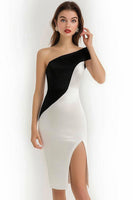 Load image into Gallery viewer, Black and White Patchwork One Shoulder Short Cocktail Dress with Slit
