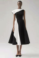 Load image into Gallery viewer, Black and White Patchwork A Line Asymmetrical Neck Black Tie Dress