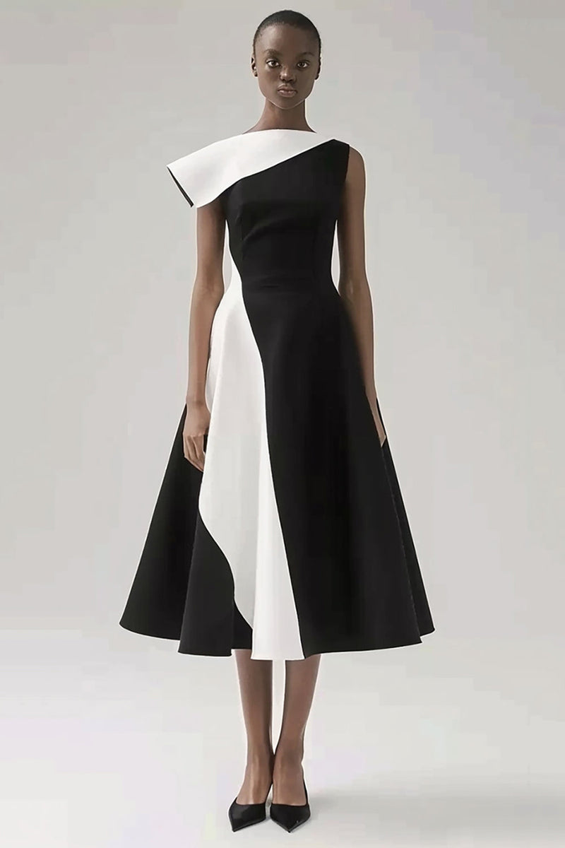 Load image into Gallery viewer, Black and White Patchwork A Line Asymmetrical Neck Black Tie Dress